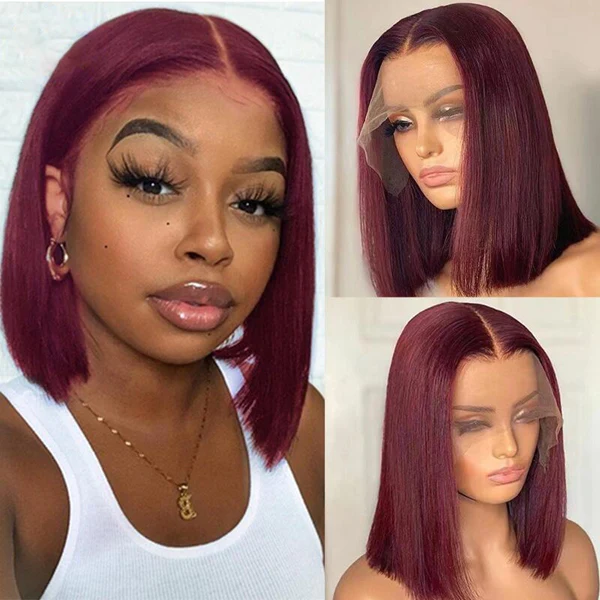 Virgin Hair Straight Full 99J Bob Wig 13x4 Transparent Lace Wig Burgundy