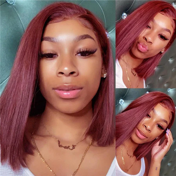 Virgin Hair Straight Full 99J Bob Wig 13x4 Transparent Lace Wig Burgundy