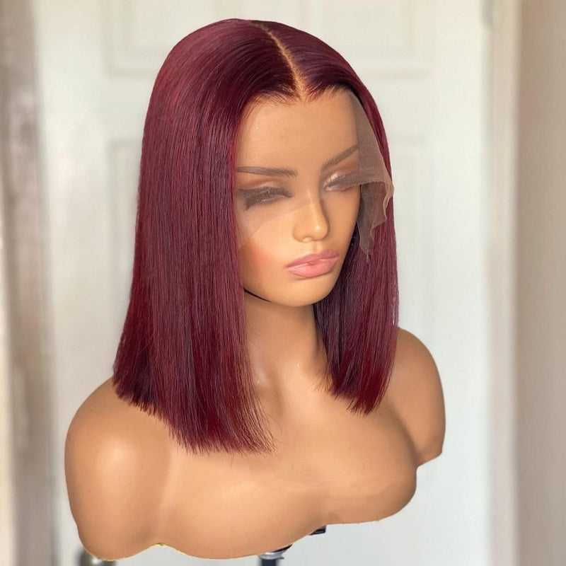 Virgin Hair Straight Full 99J Bob Wig 13x4 Transparent Lace Wig Burgundy