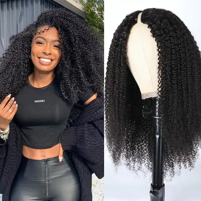 Raw Human Hair Wigs Afro Curly V Part Wig