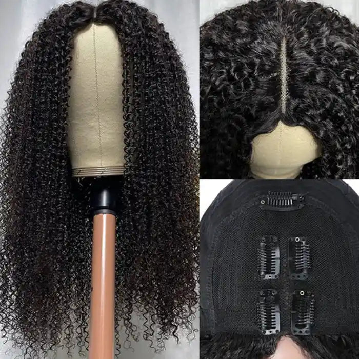 Raw Human Hair Wigs Afro Curly V Part Wig