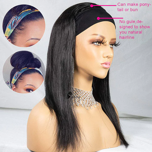 Virgin Hair Straight Hair Headband Wigs 160% 200% Density None Lace Wig