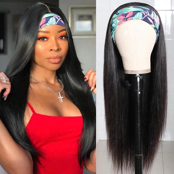 Virgin Hair Straight Hair Headband Wigs 160% 200% Density None Lace Wig