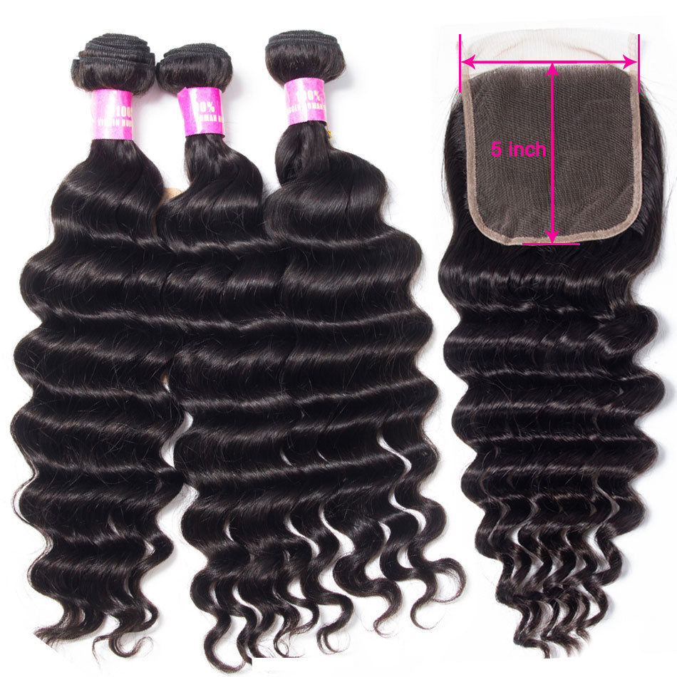 Wholesale bundle deal loose deep 3 or 4 Bundles with HD Transparent Closure