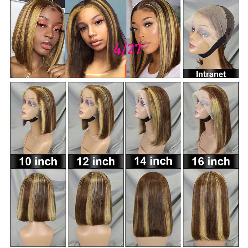 Virgin Hair Straight HighLight Bob Wig P4/27 Short Bob Pre-Cut Lace Wigs 13x4 Full Lace Frontal Wigs