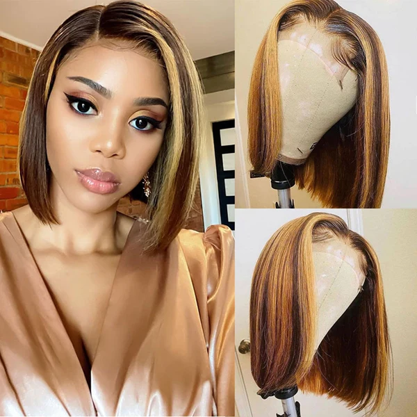 Virgin Hair Straight HighLight Bob Wig P4/27 Short Bob Pre-Cut Lace Wigs 13x4 Full Lace Frontal Wigs